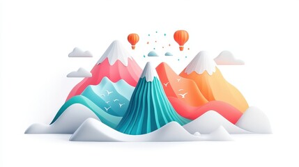 Poster - A colorful 3D illustrated mountain logo in a cute, minimalist style, isolated on white