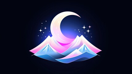 Aufkleber - a cute logo of a simple moon rising over minimalist mountain peaks, isolated on a white background i