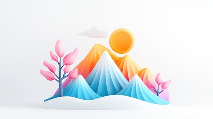 Poster - A minimalist 3D mountain logo in bright colors, playful and cute style isolated on white