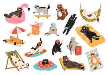 Naklejka na meble Funny set of cute cats on summer vacation. Different cat characters enjoying summer holidays, drinking cocktails, surfing, skateboarding, relaxing on loungers. Hand drawn cartoon illustration