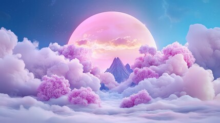 Poster - Cute 3D logo of a quiet mountain valley under a glowing moon, vibrant and minimal