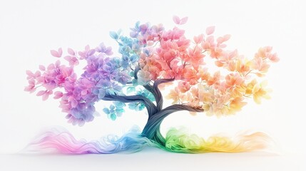Poster - Dreamlike fantasy tree with floating leaves and pastel rainbow bark, soft light on white