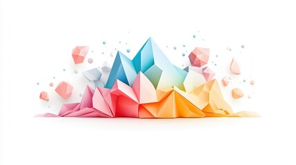 Poster - Origami-style mountain, crisp folds and geometric shapes in vibrant 3D colors. A cute logo integrated into the design