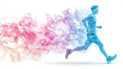 Poster - Stylized runner mid-stride with holographic textures and swirling effects, radiating fantasy energy on white