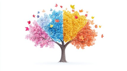 Poster - Vibrant fantasy tree showing all four seasons in radiant color quadrants, isolated on white
