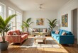 © Zorro2025 - Coastal retro interior — bright 70s furniture, colorful fabrics, potted palms, white walls, wooden floor, natural light.