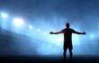 © Graini - A lone soccer player silhouetted against a stadium at night, celebrating victory under bright stadium lights and fog.