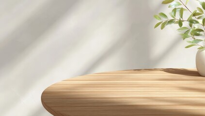 Poster - 3D Rendering of a Round Wooden Table Featuring a Minimalist Plant Arrangement in Natural Light for Modern Interior Design