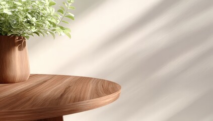 Poster - 3D Rendering of a Round Wooden Table with a Potted Plant on Top Against a Soft Background Featuring Natural Light Shadows