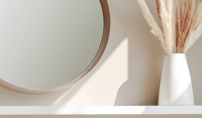 Poster - minimalist decor with round mirror and neutral tones on empty white shelf featuring dried floral arr