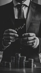 Poster - Businessman engages with smartphone while stacked coins and growth graph signify digital marketing and financial progress on a wooden table