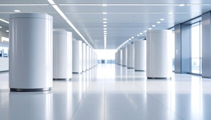 Poster - Modern minimalist architectural interior with rows of white cylindrical pillars and polished reflective floor, creating a sense of spaciousness and contemporary design