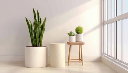 Poster - Bright and Airy Minimalist Interior Scene Featuring Three Potted Plants in Natural Light with Calming Design Elements