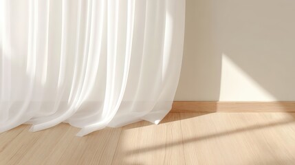 Poster - Soft White Curtains Dancing in the Breeze, Casting Gentle Shadows on Wooden Floor in a Calm and Serene Interior Setting