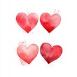 © Jdgkxbnc - Four watercolor hearts in varying shades of red arranged in a grid on a white background with soft paint splatters and gradients
