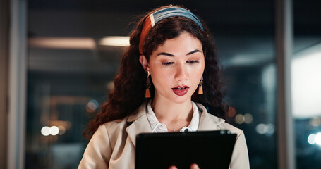 Poster - Night, tablet and business woman in office to check email, reading update or schedule for investment banking app. Digital tech, serious worker and internet for financial review, account or overtime