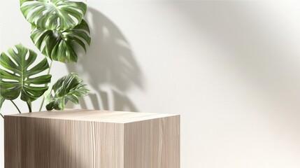 Poster - Wooden Podium with Monstera Plant in a Light Background Setting Ideal for Minimalist Interior Decor Photography