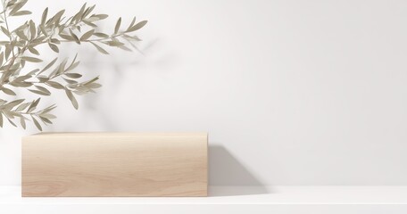 Poster - Minimalist Wooden Podium on a Light Background with Olive Branch Presenting a Calm and Elegant Atmosphere for Modern Settings