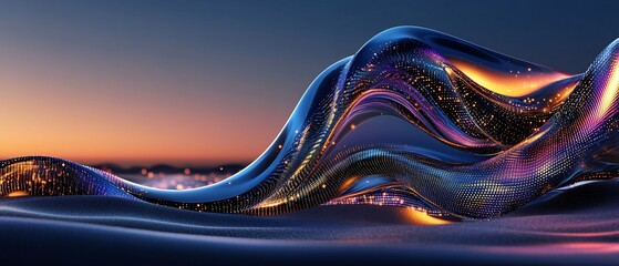 Poster - Abstract wave with glowing particles, sky gradient background