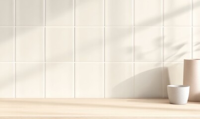 Poster - Elegant and Modern White Tile Wall with Beige Wooden Countertop and Minimalist Decor in Bright Natural Light