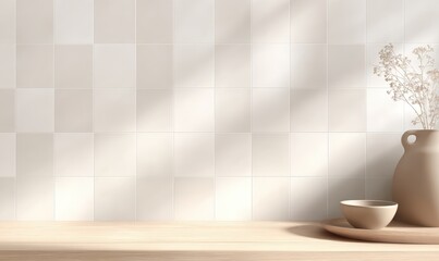 Poster - Soft Beige and White Wall Tiles with Wooden Countertop in Modern Interior Design Setting