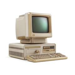 Poster - Old vintage beige desktop computer with retro design isolated on white background ideal for retro technology ads nostalgic computer visuals or vintage tech presentations