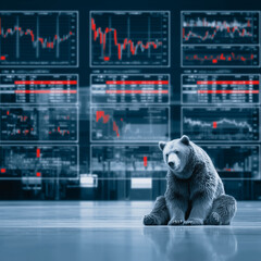 Poster - Market Sentiment: A solitary bear, a symbol of market downturn, sits stoically before screens displaying fluctuating financial data, illustrating the complex landscape of investment.