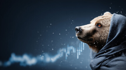 Poster - Market Bear: A fierce bear embodies market analysis in an artistic depiction, dressed in attire with a data chart background.