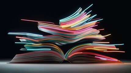 Poster - Book with vibrant, colorful, neon-like streams of light emanating from its pages