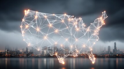 Poster - City map with network of lights representing blockchain trade compliance icon concept for secure economic interactions