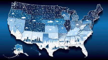 Poster - The united states map covered in snow illustrating the concept of cloud-based income analytics for live reporting