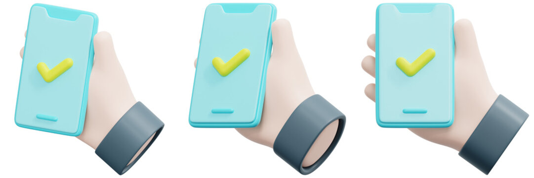 Set of Hands Holding Smartphones with Check Marks 3d Render Icon Illustration