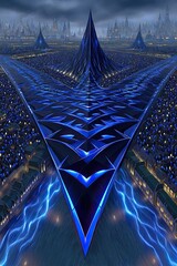 Poster - Futuristic Cityscape with Dynamic Geometric Patterns and Vibrant Blue Light in a Dramatic Night Setting