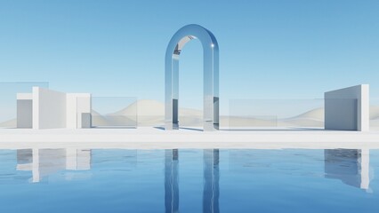 Poster - 3d render of abstract modern geometry architecture with empty cement floor, minimal white exterior against blue sky background
