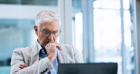 Leinwandbilder - Business, ideas and laptop with mature man in office for corporate administration or problem solving. Planning, solution and thinking with professional employee working on computer for management