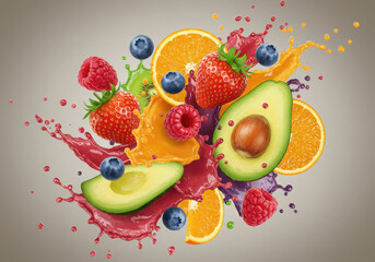 Fresh fruits with juice splash isolated on transparent background. use cases: smoothie, healthy food, advertising.