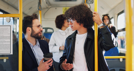Poster - Bus, people and men with conversation, travel and morning commute with public transportation. Passengers, friends and story with discussion, vehicle and urban town with journey, talking or directions