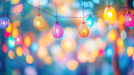 Wall Mural - Festive Lights: Colorful string lights cast a warm, inviting glow, perfect for celebrations, holidays, and creating a cheerful atmosphere. 