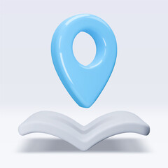 Poster - Blue location pointer om map, book, placemark, marker of map, navigation pin sign. 3d GPS icon. Sign for searching on map direction. Vector render illustration isolated on white background