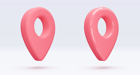 Poster - Red location pointers, placemark, markers of map, navigation pin sign. 3d GPS icon with shadow. Sign for searching on map direction. Vector render illustration isolated on white background