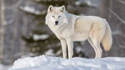  Majestic white wolf standing proud on snowy terrain.