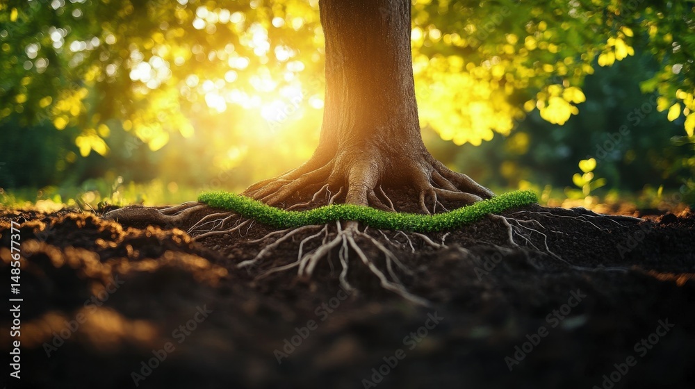 Stock-Foto „Majestic tree roots reaching deep into the earth, bathed in ...