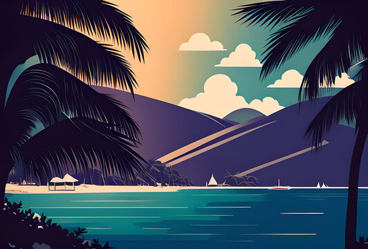 tropical summer banners, vibrant colors, sun icons, palm tree silhouettes, wavy lines, sparkling particles, bright blue sky, golden sunset, graphic design elements, illustration style.generative ai
