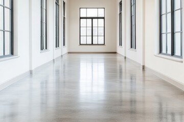 Poster - Empty modern hallway with polished concrete floor and large windows