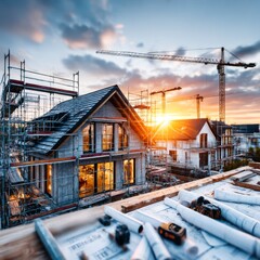 Aufkleber - Construction Site at Sunset: New Homes Rising with Blueprints and Scaffolding, symbolizing progress and new beginnings.