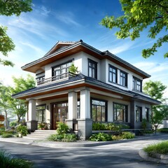 Aufkleber - Elegant Two-Story House with Asian-Inspired Design and Lush Landscaping Under a Sunny Sky, a Blend of Modern and Traditional Aesthetics