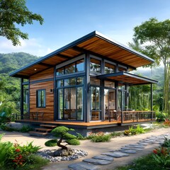 Poster - Modern Wood and Glass House in Tropical Landscape: A Serene Retreat with Lush Greenery and Tranquil Ambiance