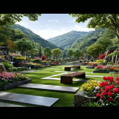 Poster - Serene Mountain Garden Retreat: Lush Green Landscape, Vibrant Flowers, and Tranquil Benches for Relaxation and Contemplation.