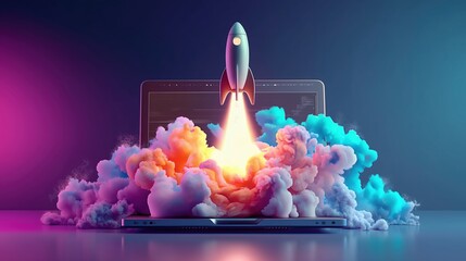 Fototapete - Photorealistic 3D render of a laptop with a rocket launching from its screen emitting dynamic smoke and sparks, set against a dark blue and purple gradient cosmic background. Features glowing financia
