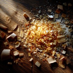 Aufkleber - Woodworking Debris: Close-up of Wood Shavings and Dust on a Rustic Wooden Surface Bathed in Warm Light.